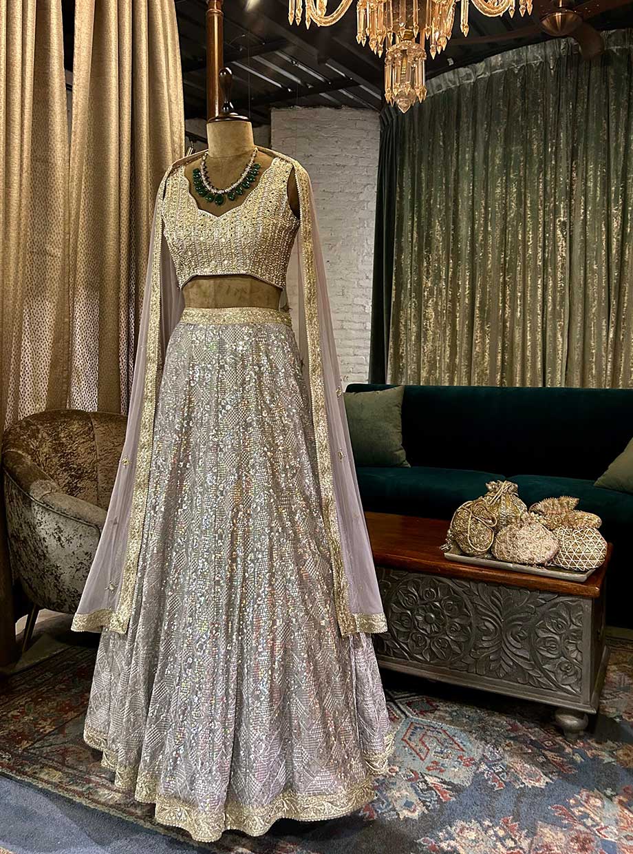 ⁠Silver Tonal Sequin Lehanga