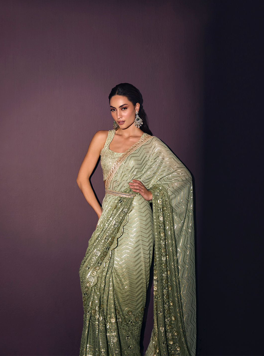 Sage Green Ombre Sequin Saree