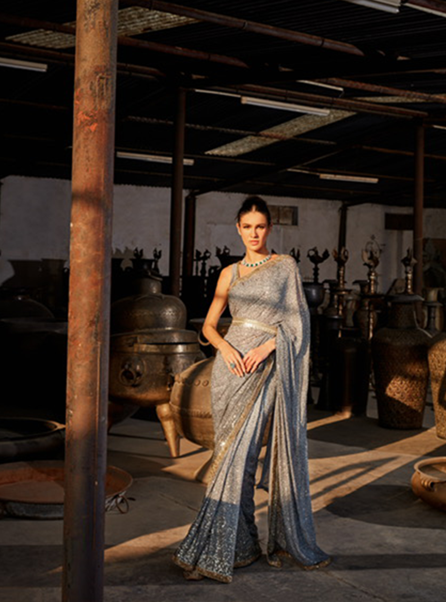 Grey Sequin Shaded Saree