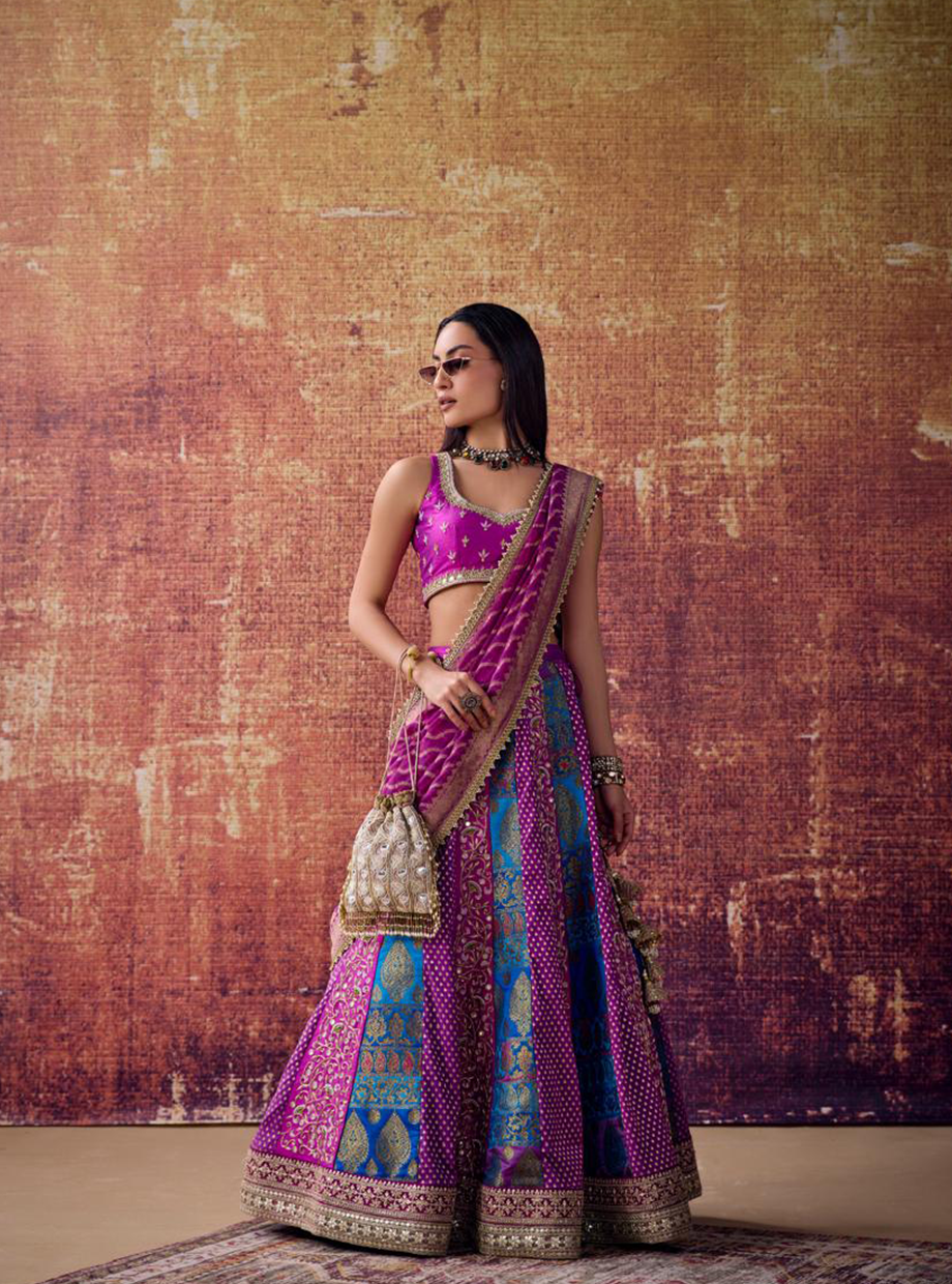 Purpel And Royal Blue Banarasi Panel Lehenga