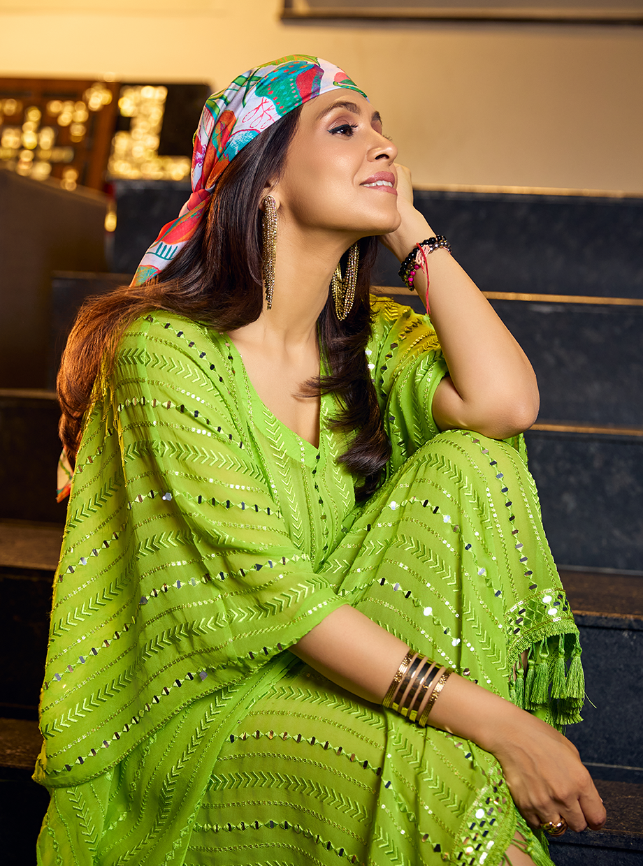 Lime Green Mirror Work Kaftan