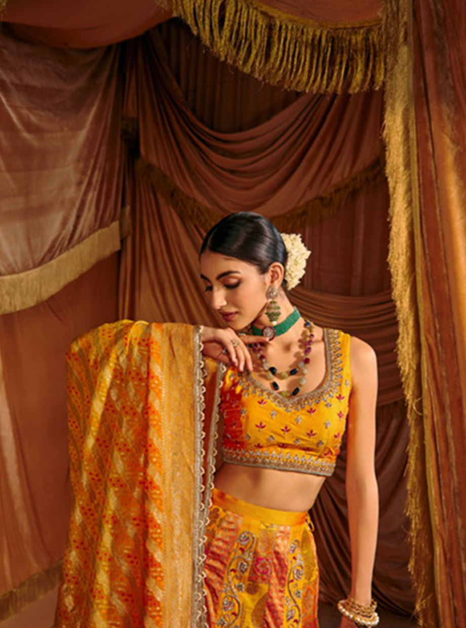 Mango Yellow Panel Banarasi Lehenga