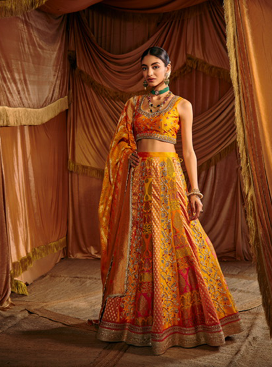 Mango Yellow Panel Banarasi Lehenga