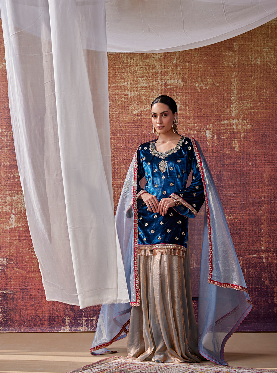 Royal Blue And Silver Grey Sharara Set