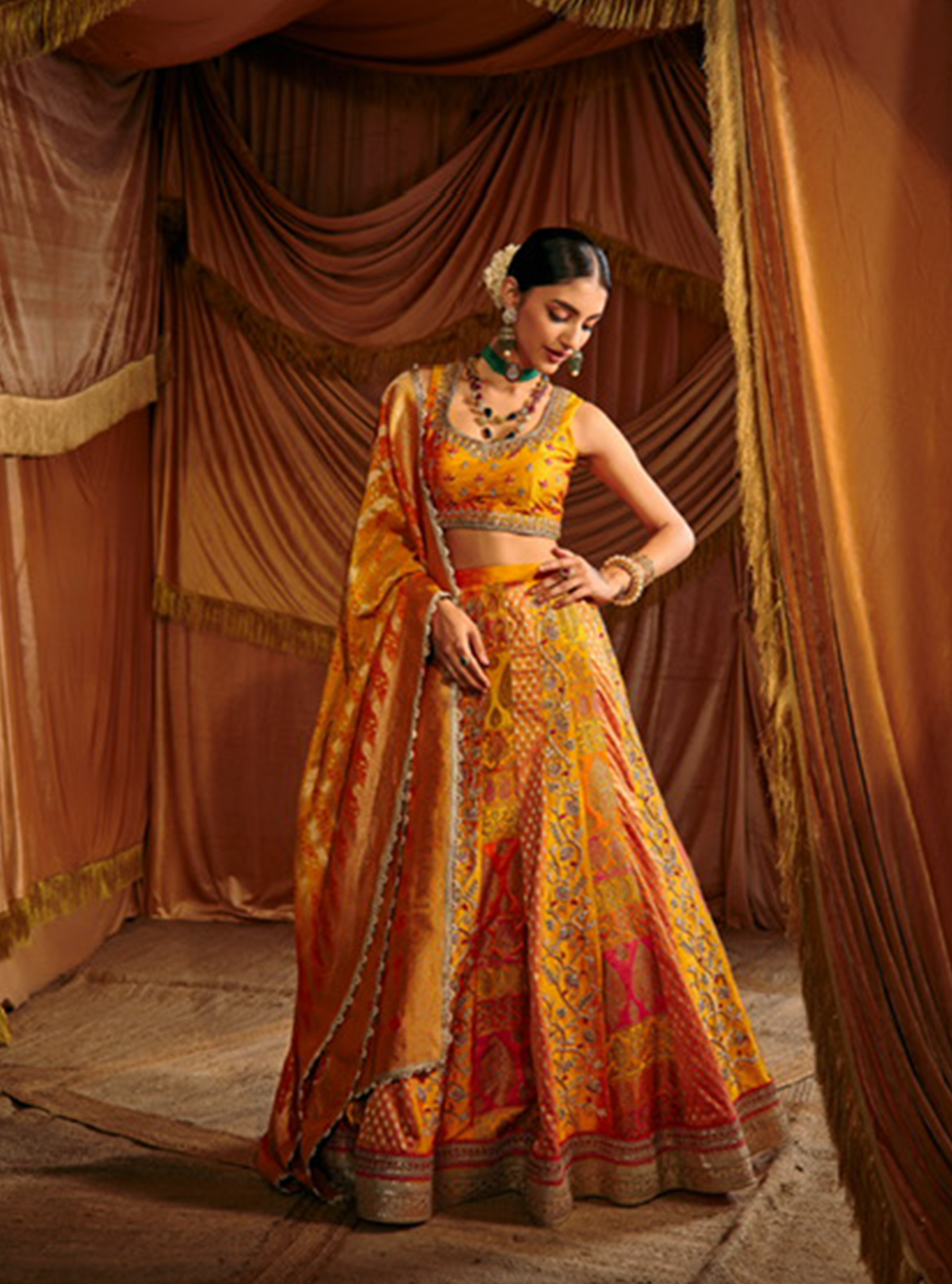 Mango Yellow Panel Banarasi Lehenga