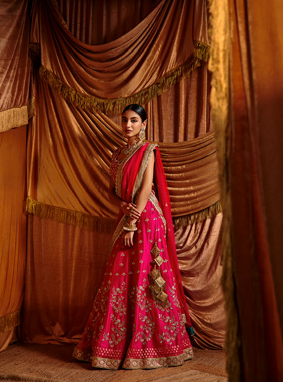 Fussia Pink Raw Silk Handcrafted Lehenga