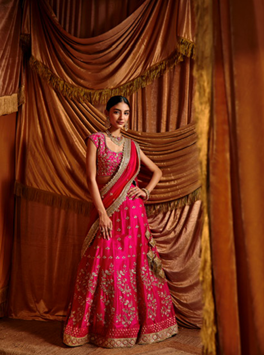 Fussia Pink Raw Silk Handcrafted Lehenga