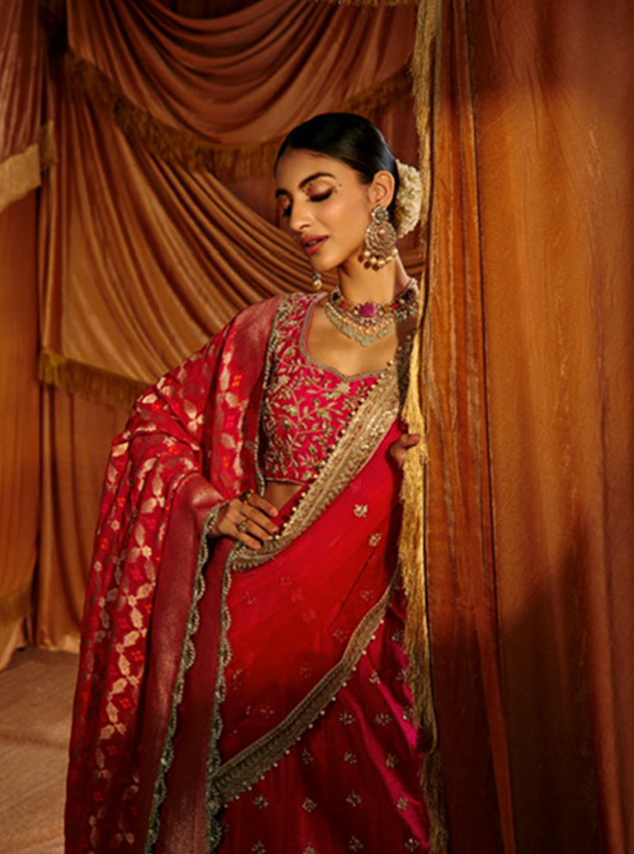 Fussia Pink Raw Silk Handcrafted Lehenga