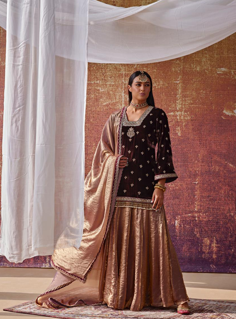 Wine and Gold Velvet Sharara Set