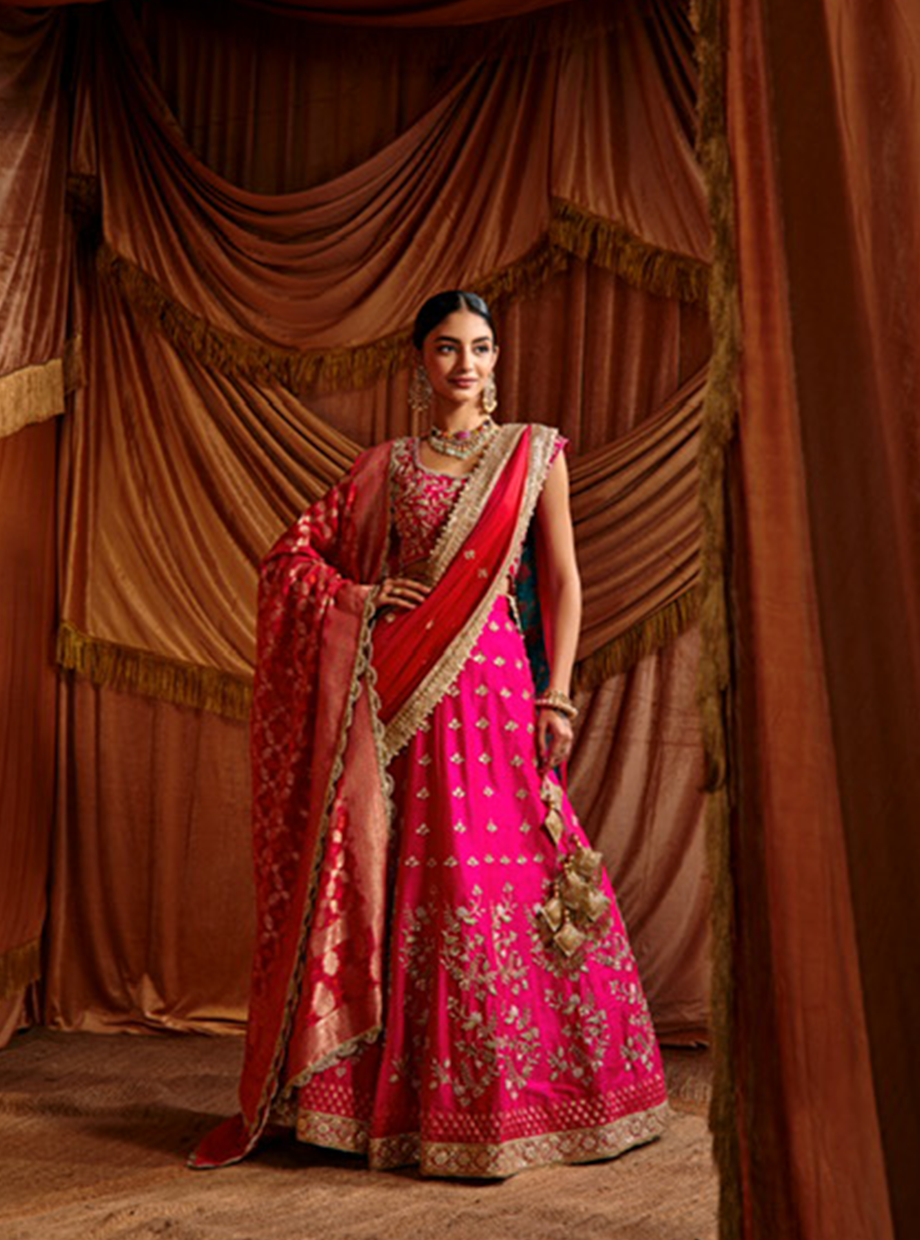 Fussia Pink Raw Silk Handcrafted Lehenga