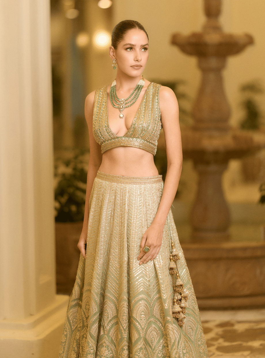 Ombré sage green gota lehanga