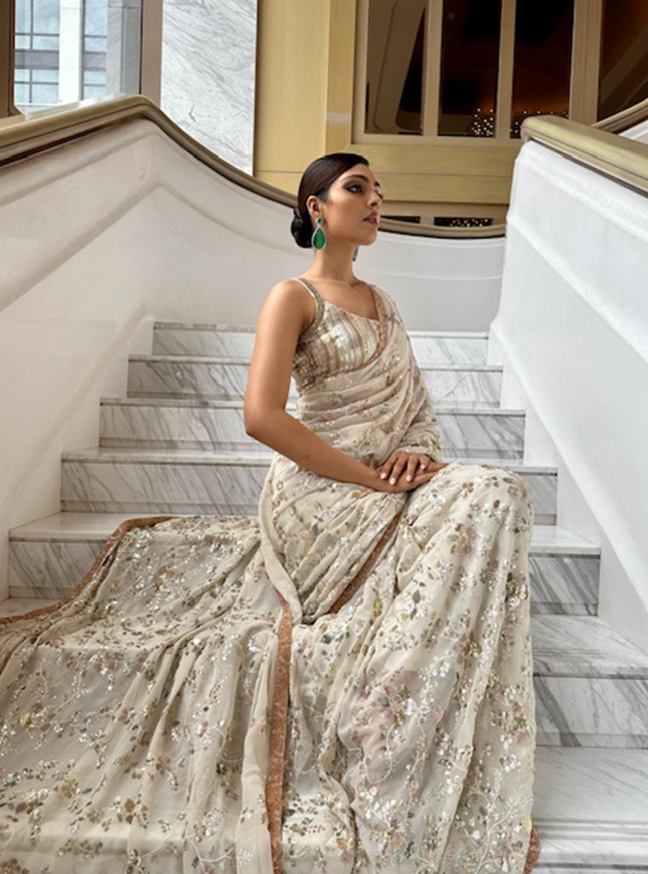 Ivory Floral Sequin Saree