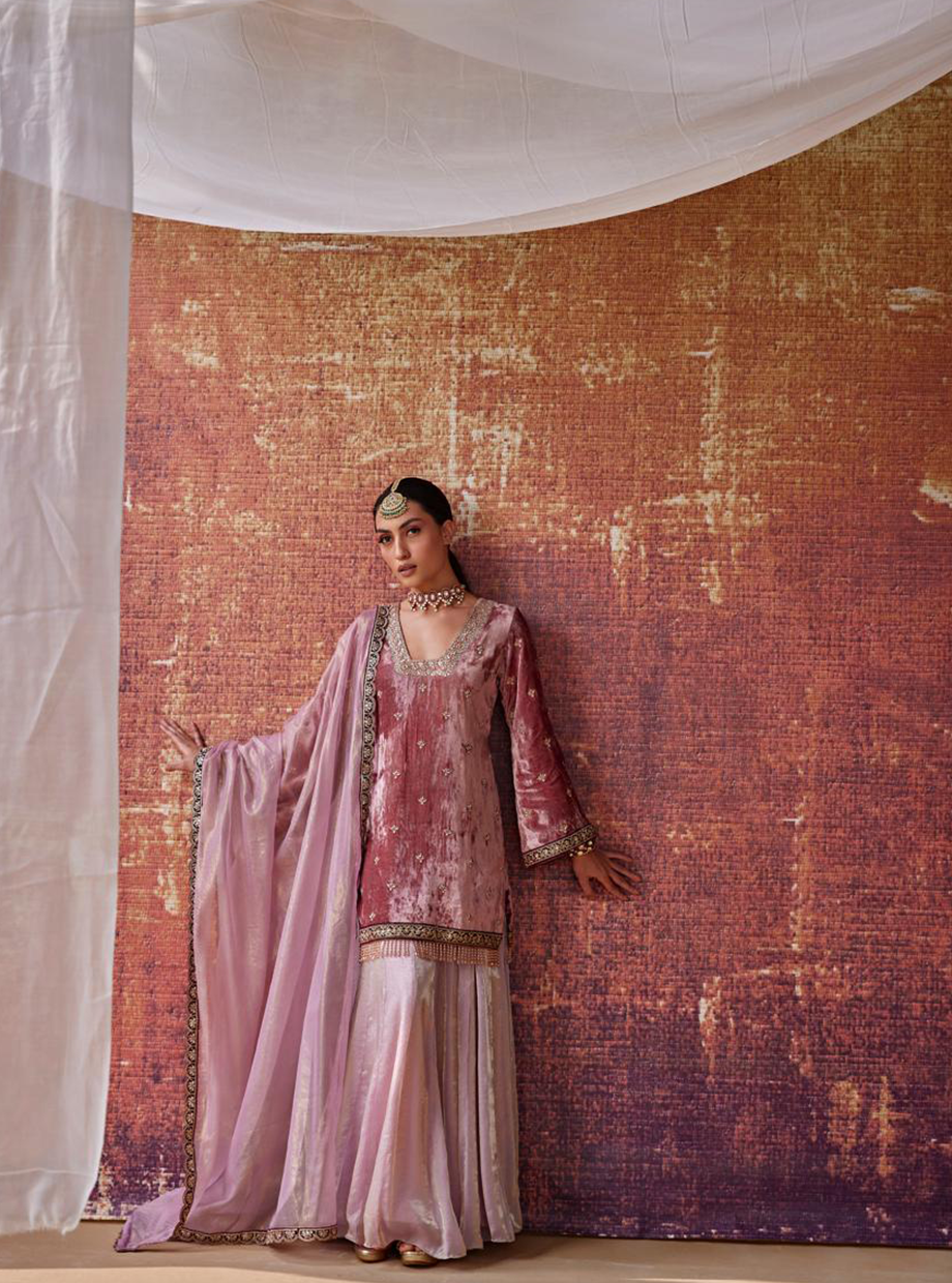 Old Rose Velvet Sharara Set