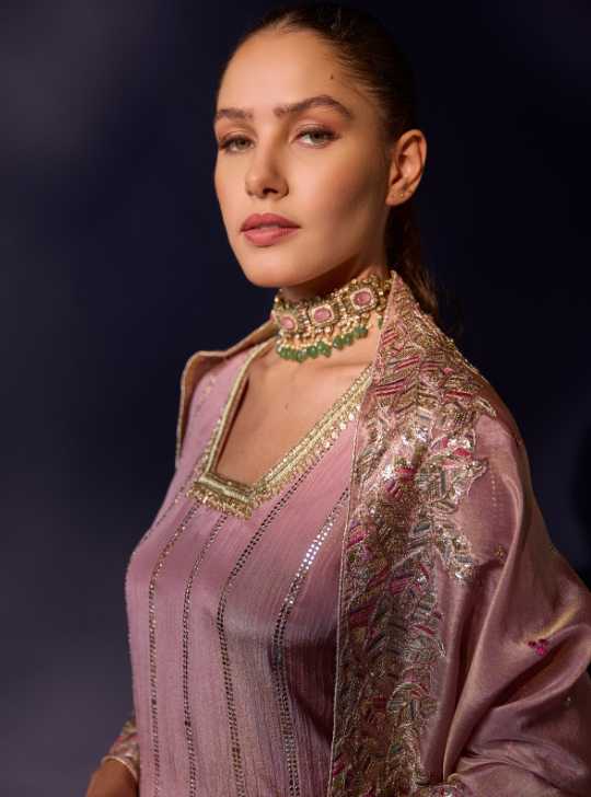 Rose Pink Tissue Kurta Suit