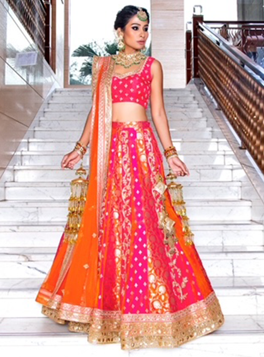 Coral And Orange Two Tone Banarasi Panel Lehenga