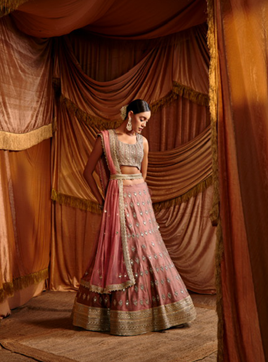 Onion Pink Mirror Work Handcrafted Lehenga