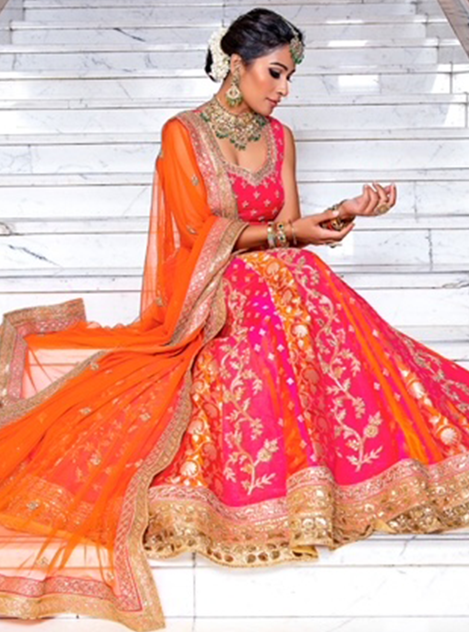 Coral And Orange Two Tone Banarasi Panel Lehenga