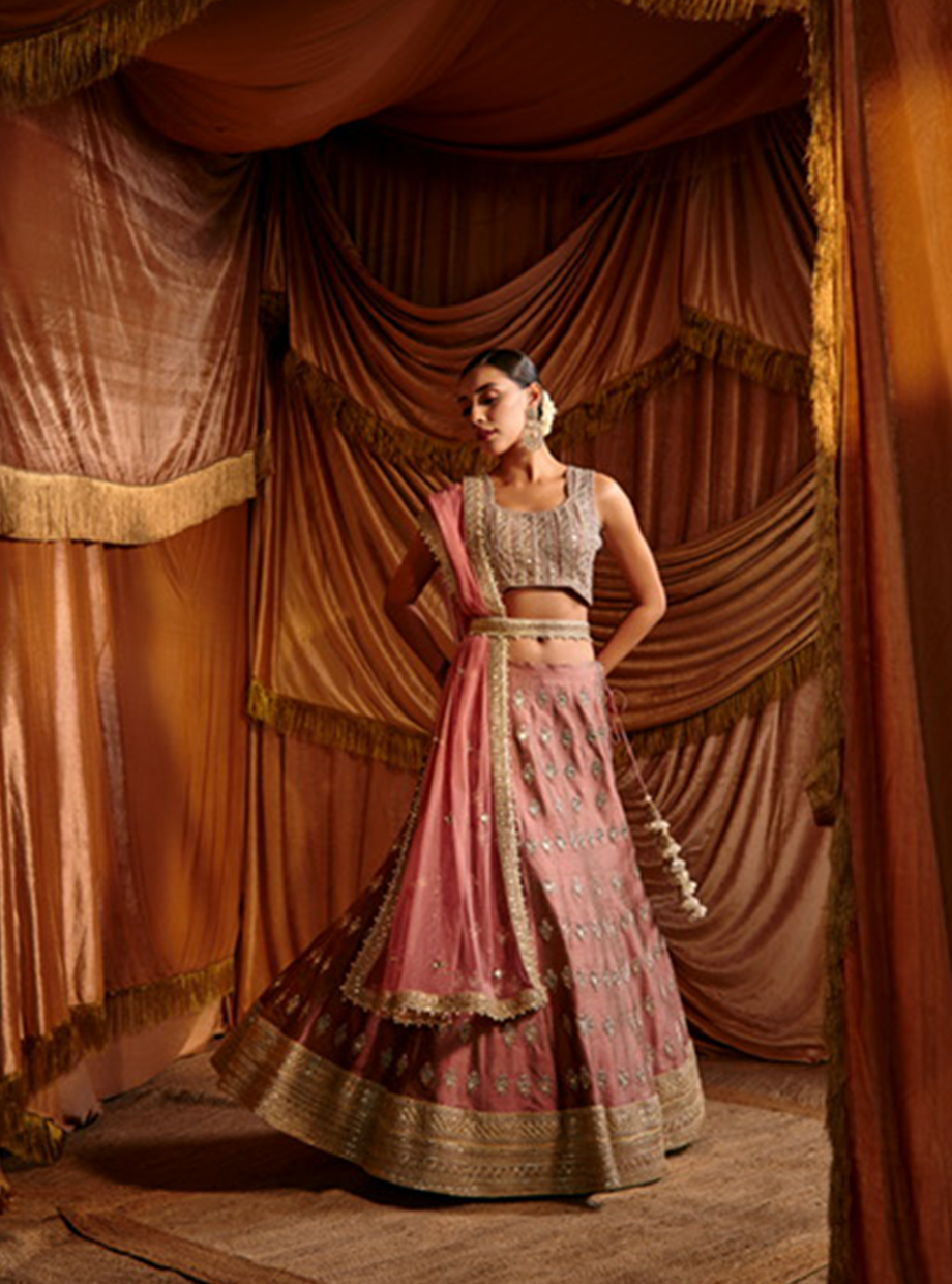 Onion Pink Mirror Work Handcrafted Lehenga