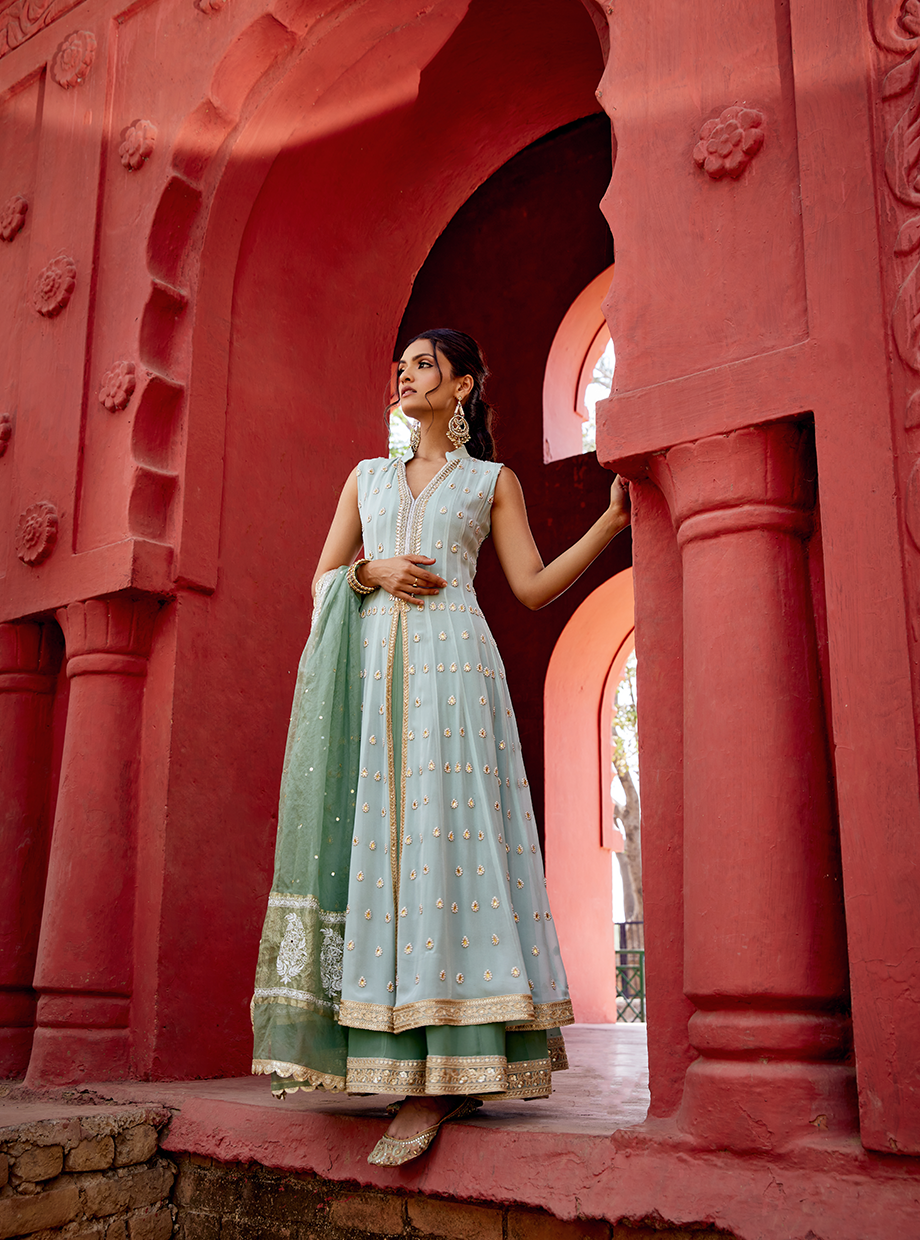 Double Layer Sage Green Anarkali