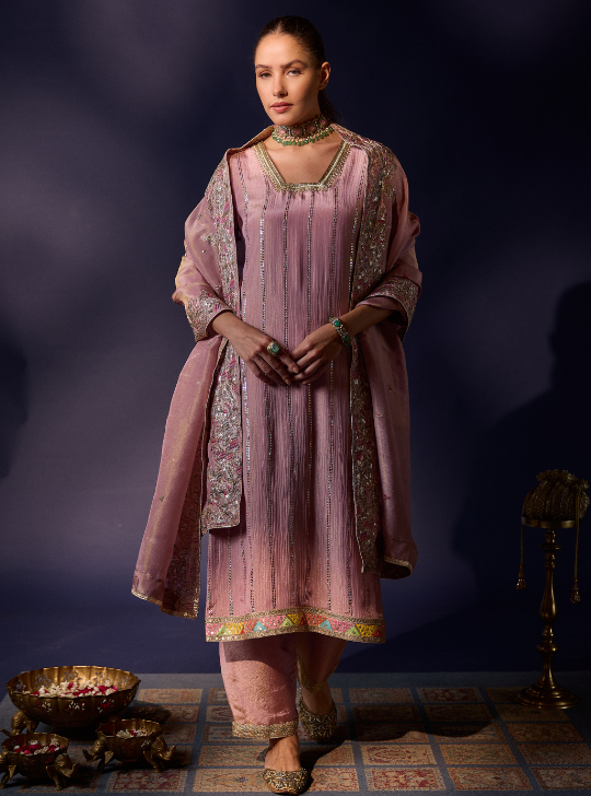 Rose Pink Tissue Kurta Suit
