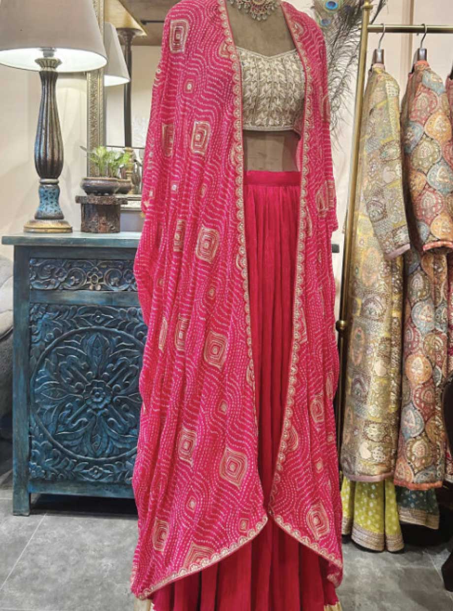⁠Hot Pink Bandhni Cape Set
