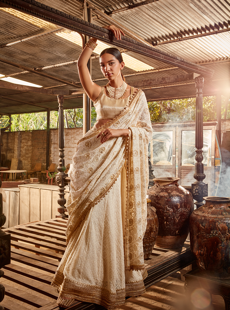 Ivory Chikankari Handcrafted Lehenga Saree