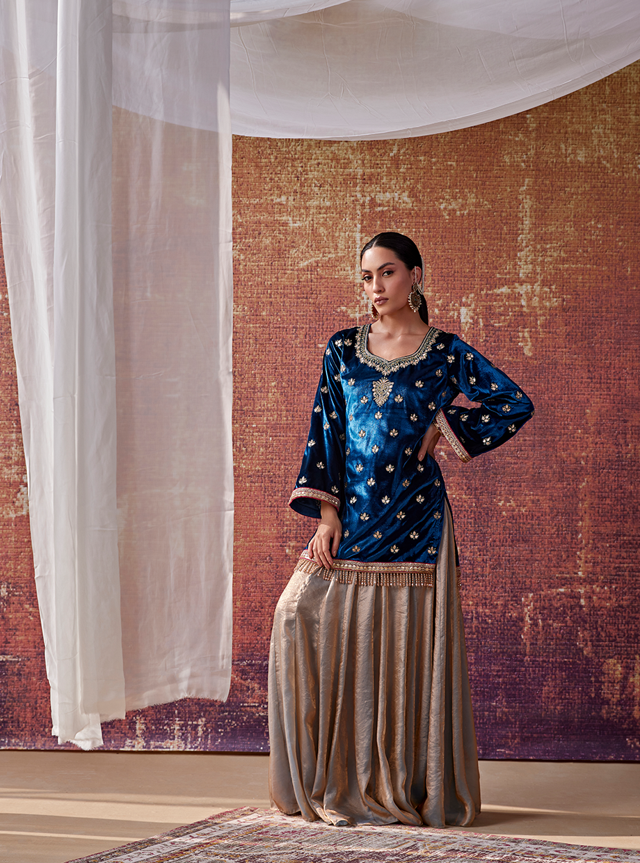 Royal Blue And Silver Grey Sharara Set