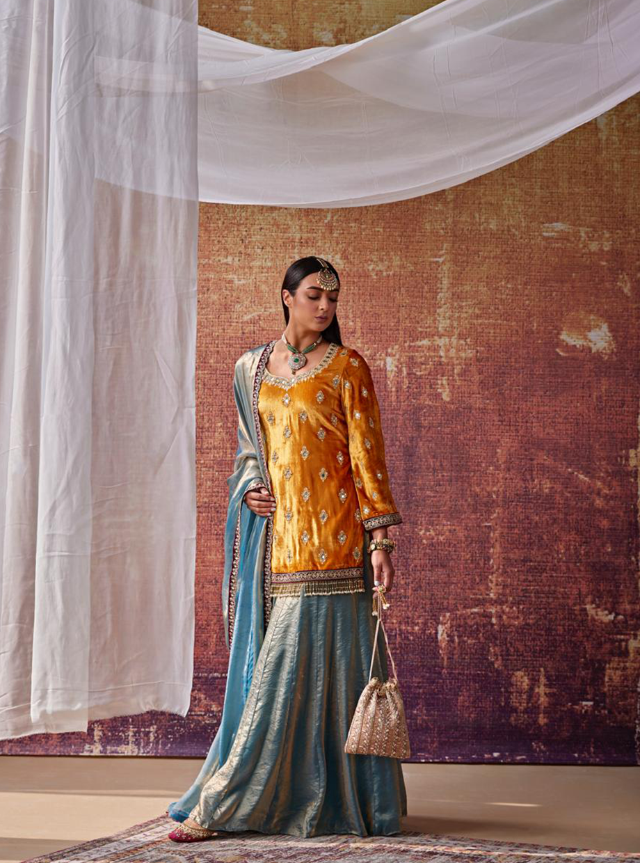 Mustared Yellow and Soft Blue Sharara Set