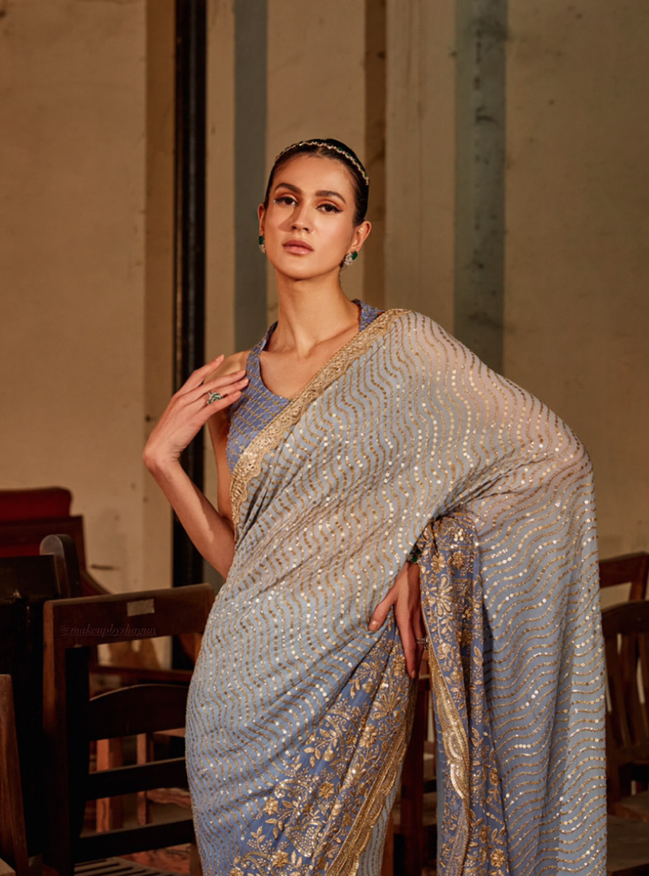 Periwinkle Blue Ombre Sequin Saree