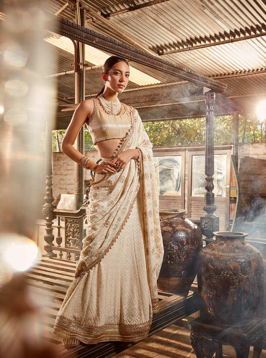 Ivory Chikankari Handcrafted Lehenga Saree