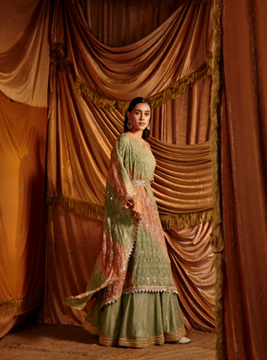 Onion Pink And Sage Green Chikankari Cape Lehenga