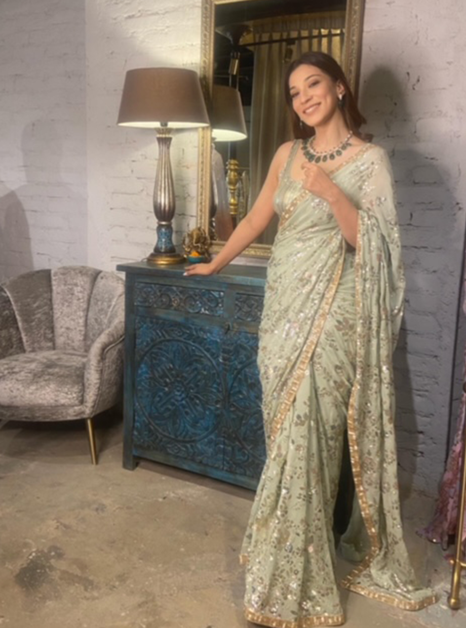 Mint Green Floral Sequin Saree