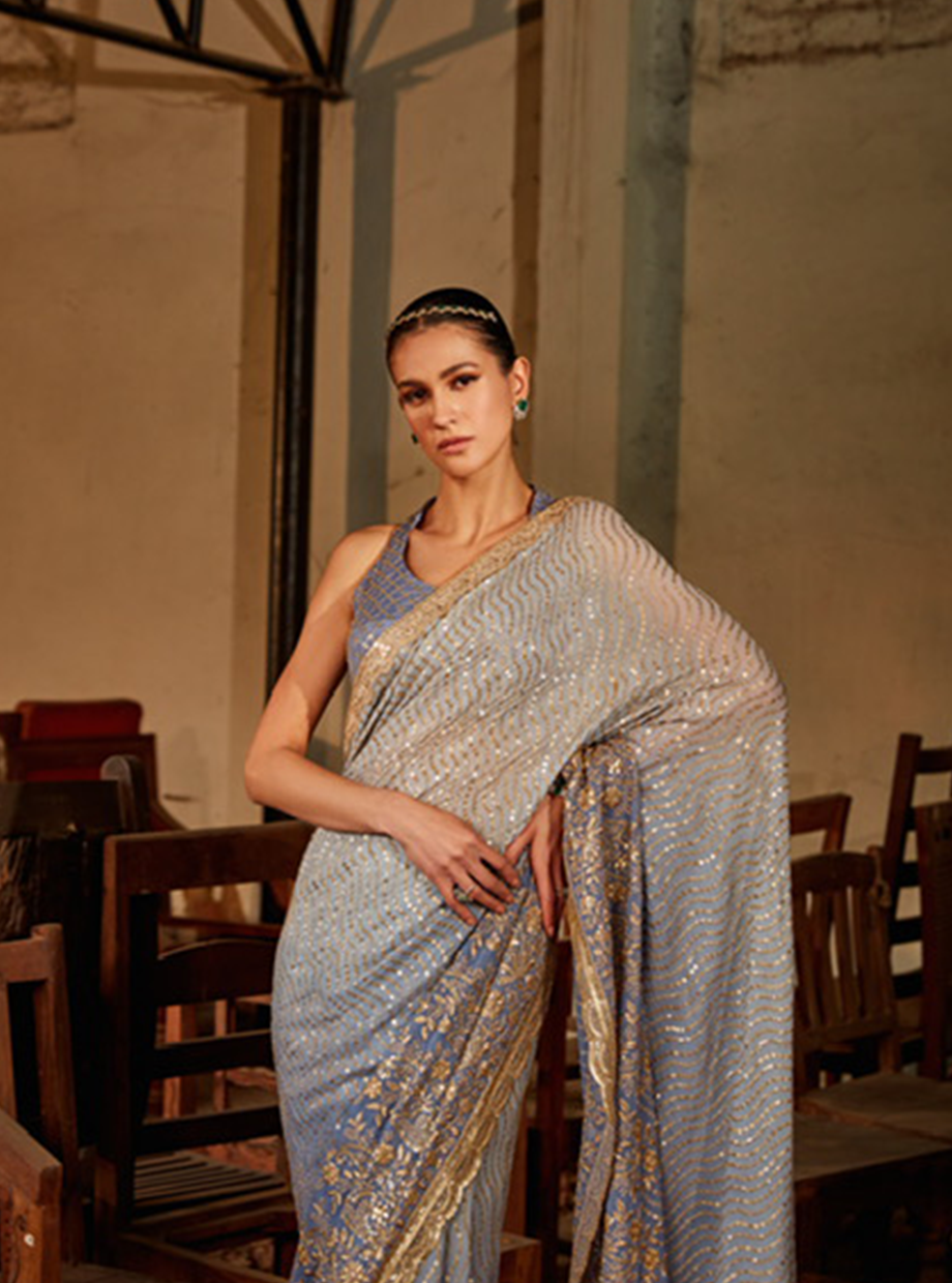 Periwinkle Blue Ombre Sequin Saree