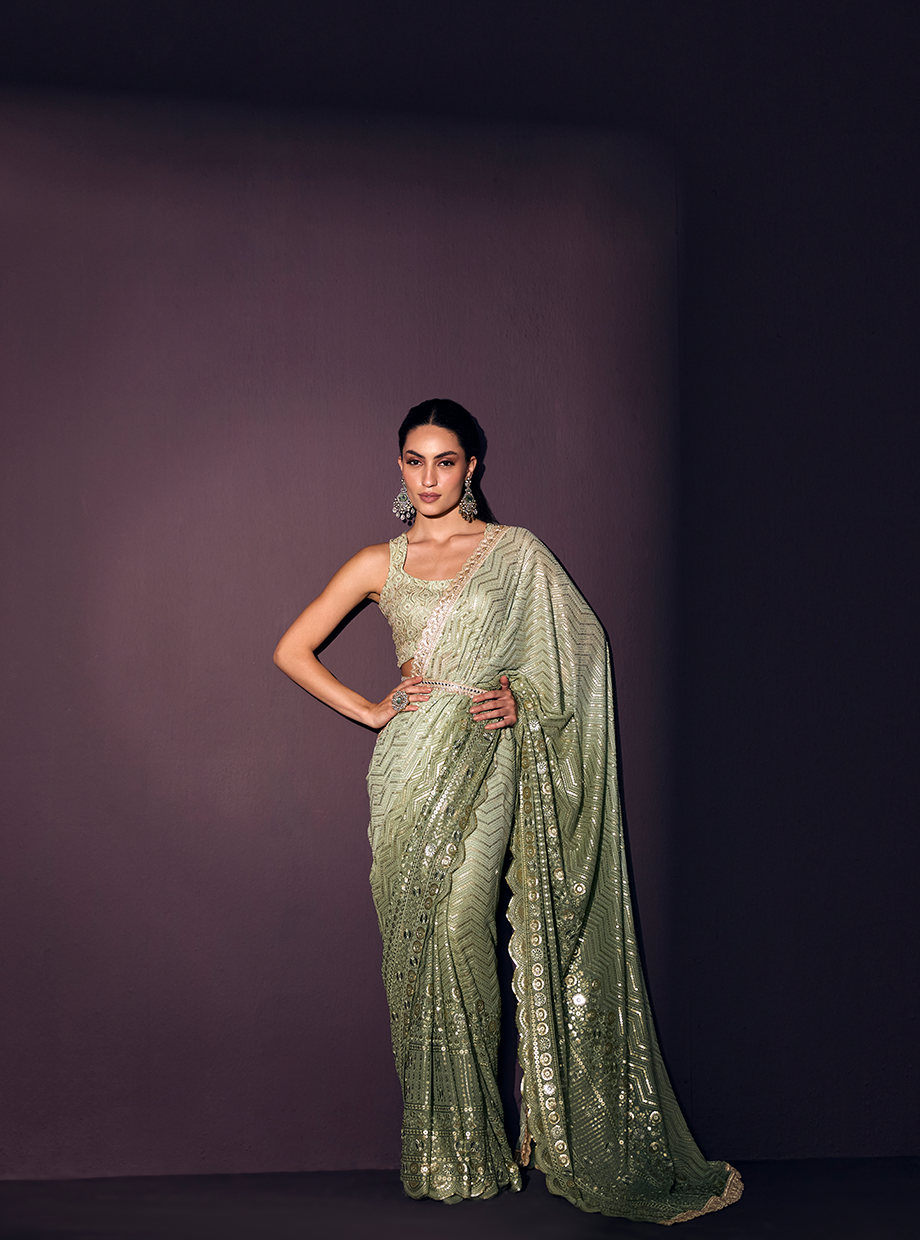 Sage Green Ombre Sequin Saree