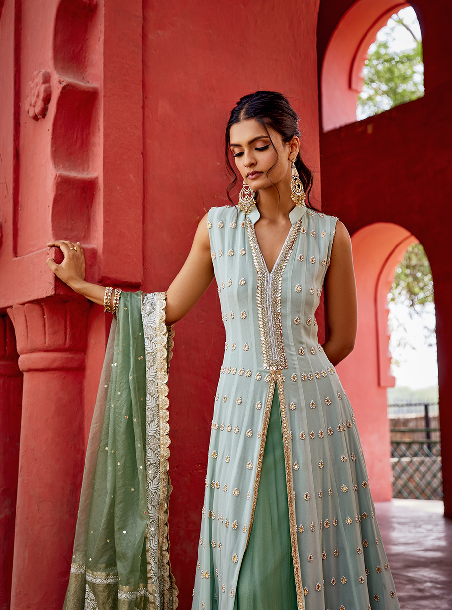 Double Layer Sage Green Anarkali