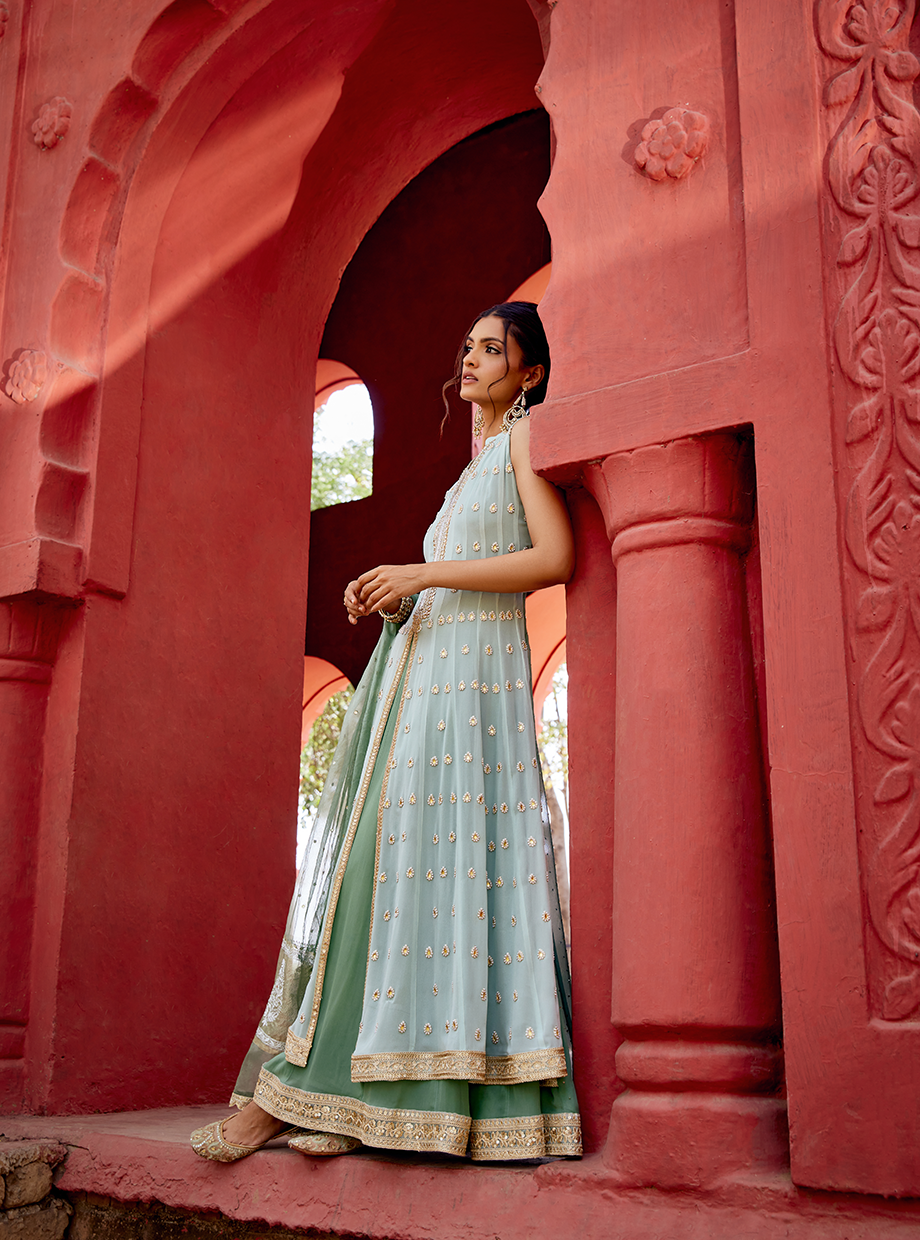 Double Layer Sage Green Anarkali