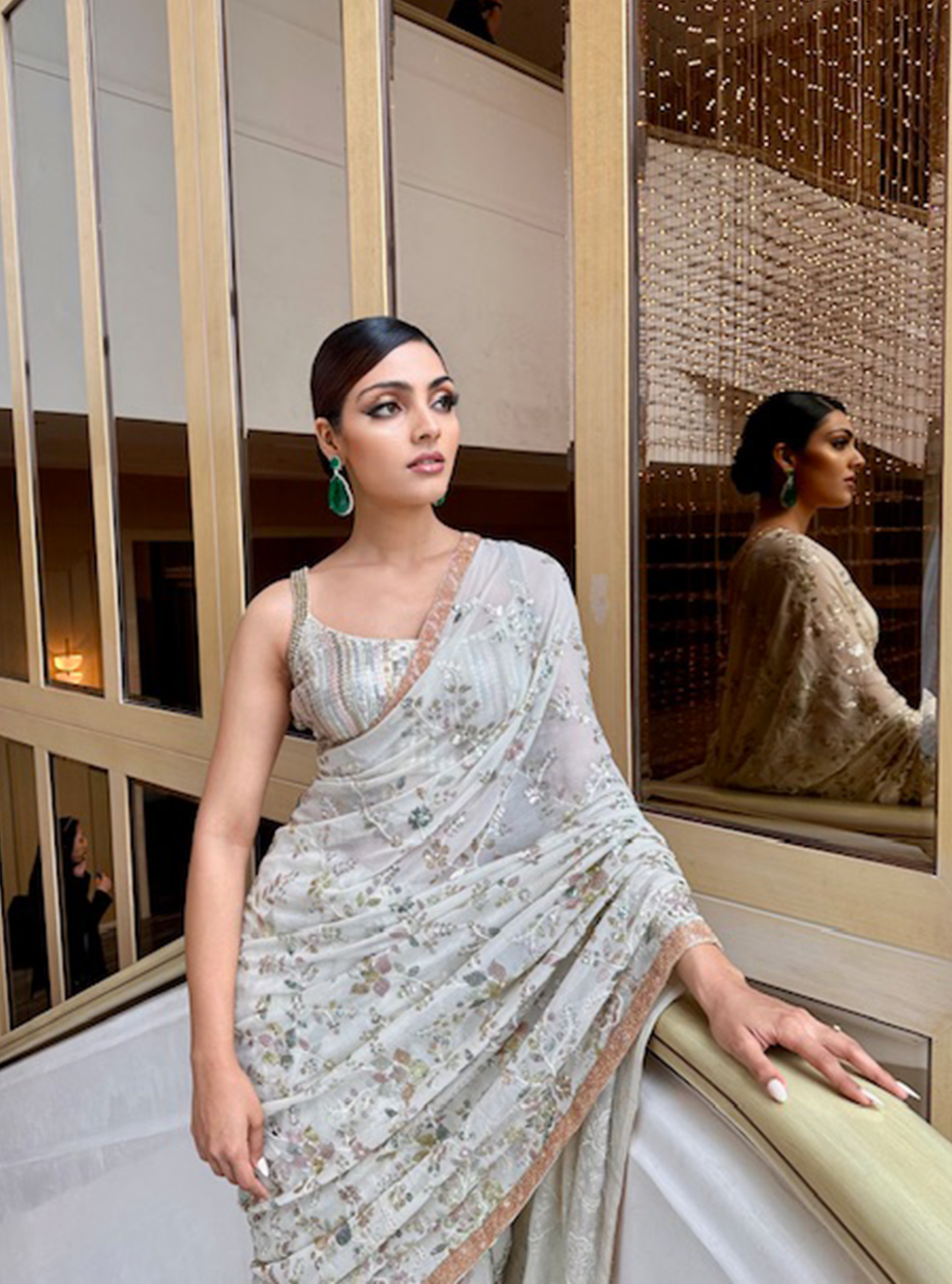 Ivory Floral Sequin Saree