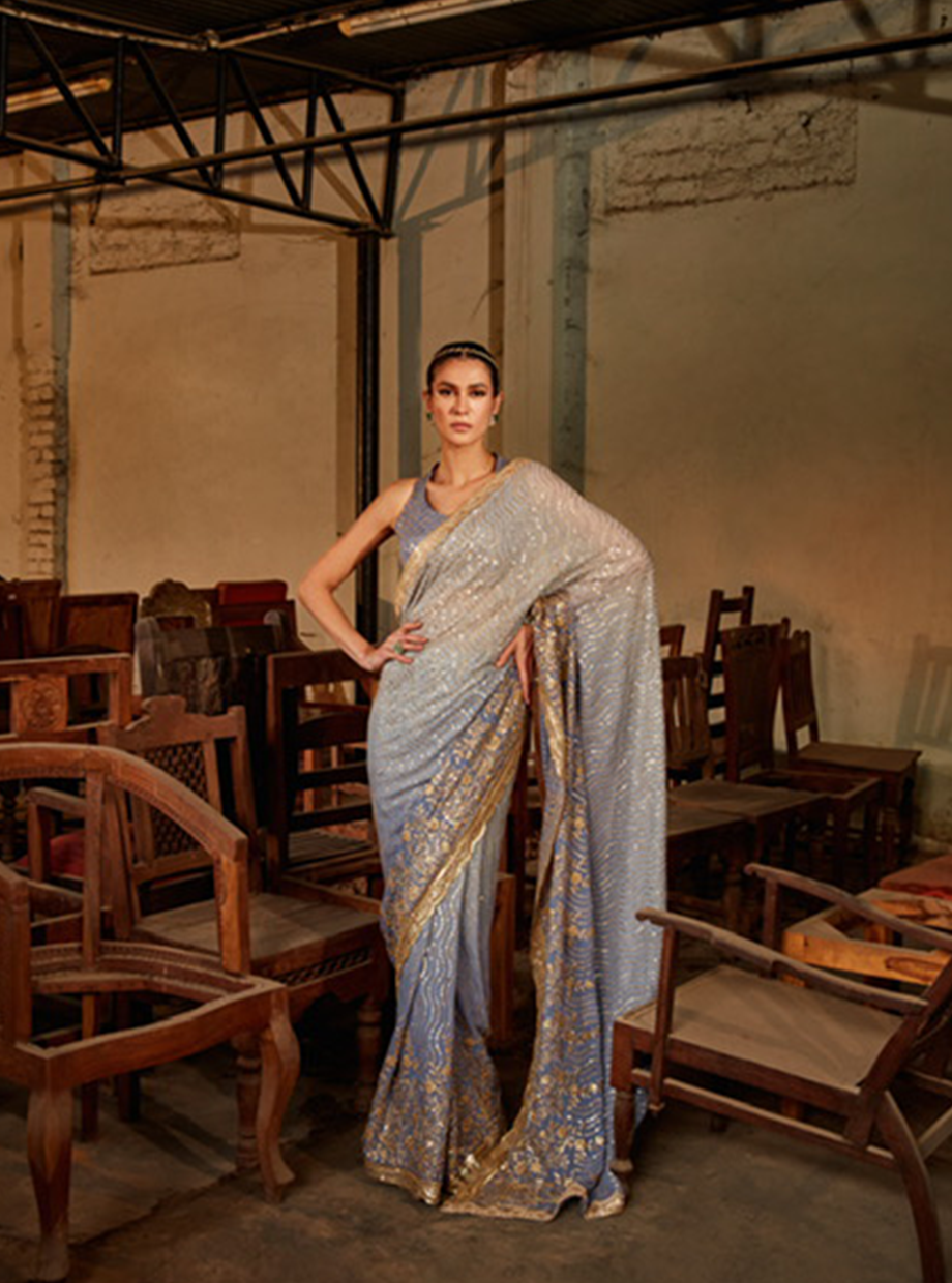 Periwinkle Blue Ombre Sequin Saree