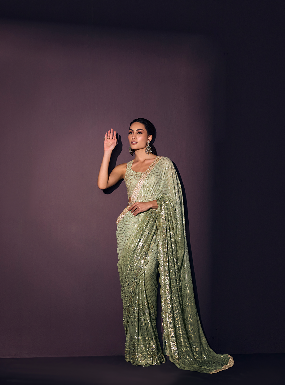 Sage Green Ombre Sequin Saree