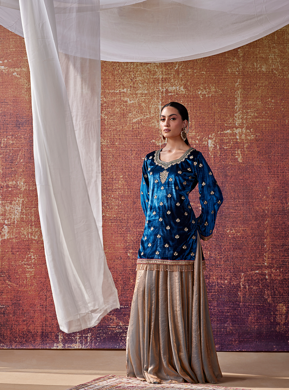 Royal Blue And Silver Grey Sharara Set