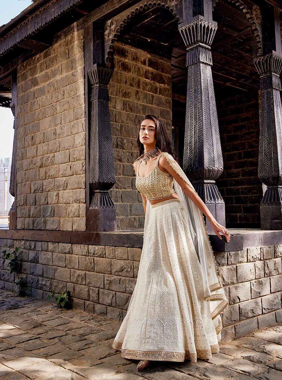 Ivory Mirror Lucknowi Lehenga