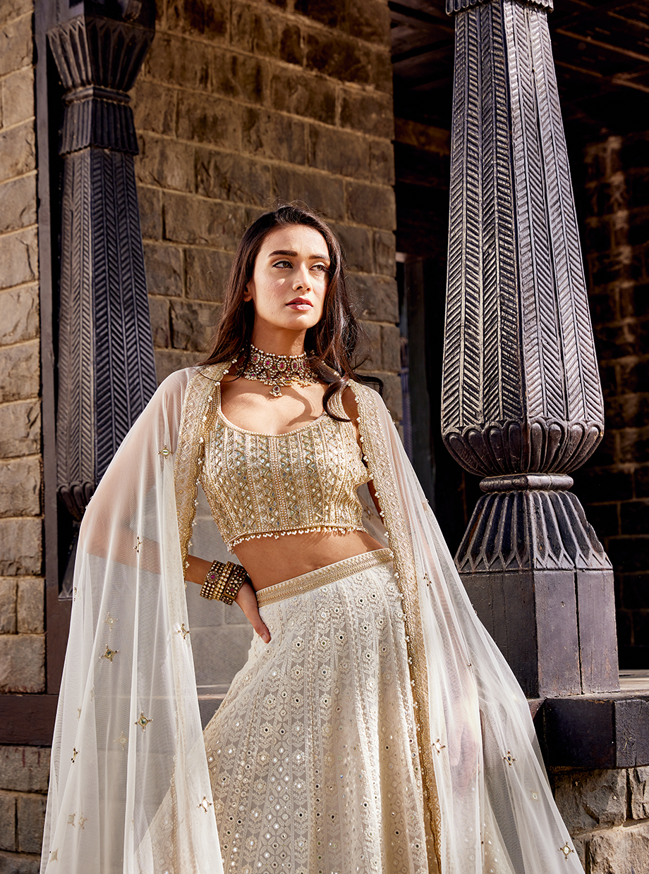 Ivory Mirror Lucknowi Lehenga