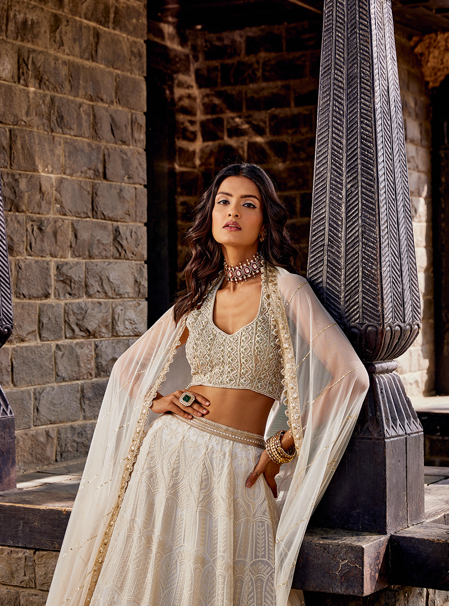 Ivory Pearl Lucknowi Lehenga