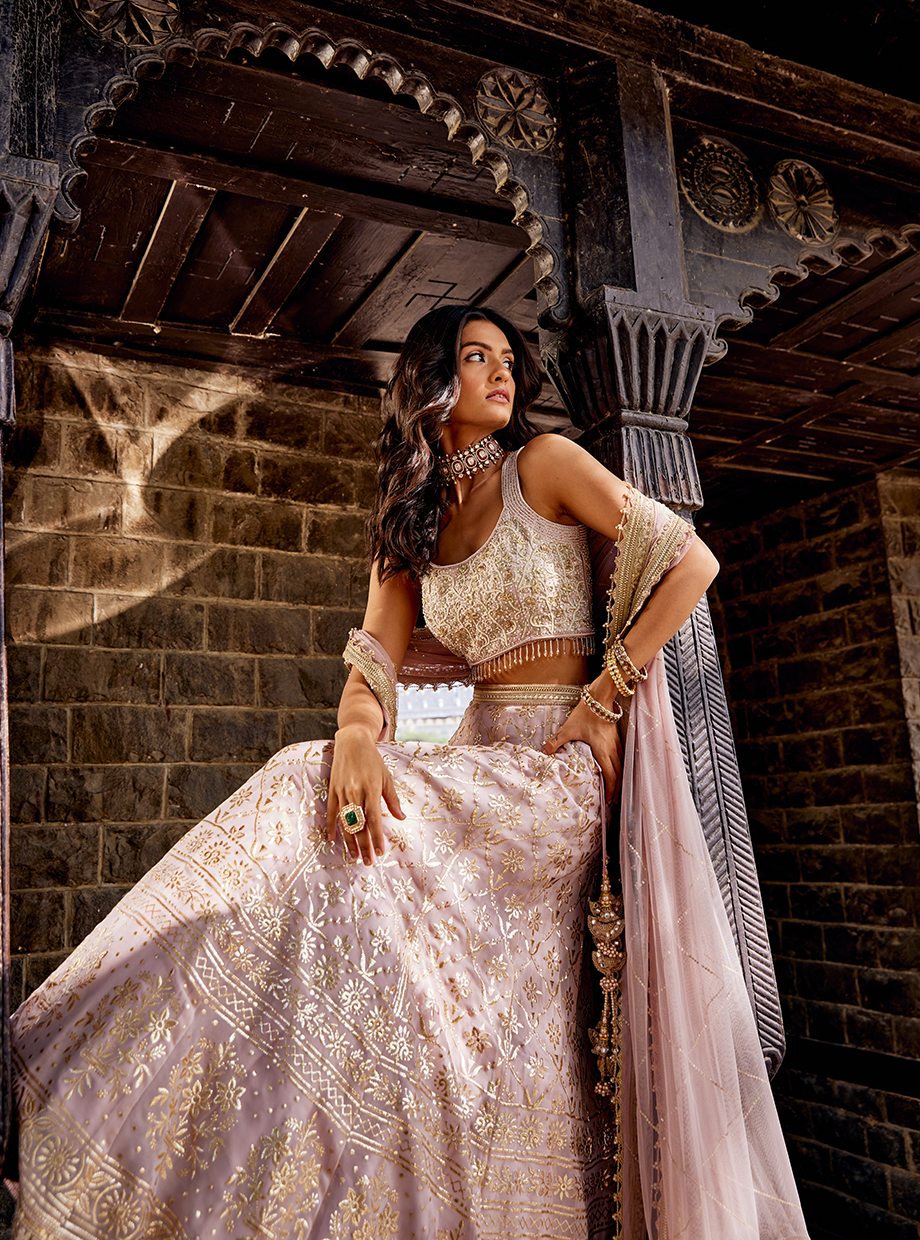 Rose Pink Foil Georgette Pearl Lehenga