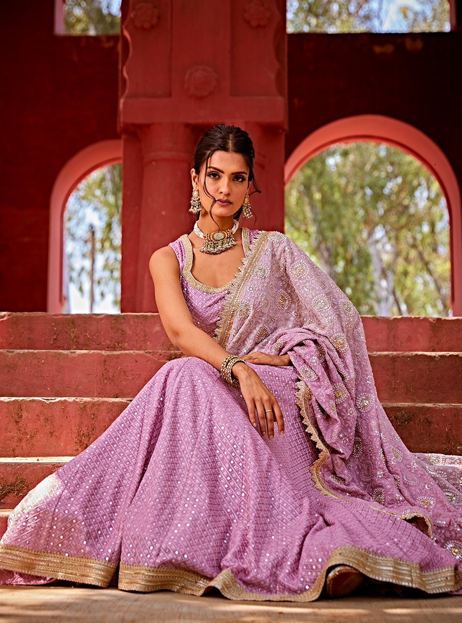 Old Rose Ombre Lucknowi Lehenga Saree