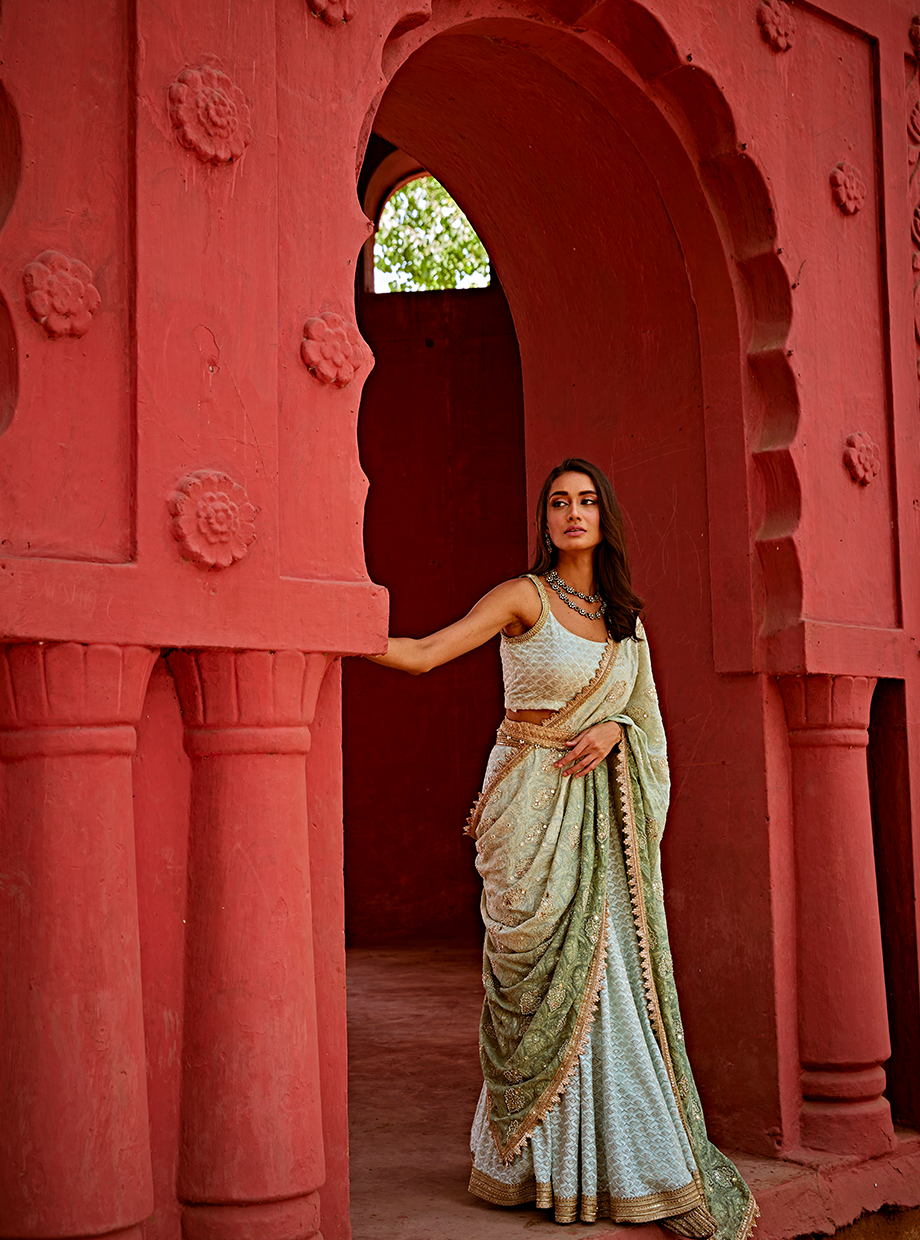 Sage Green Ombre Lucknowi Lehenga Saree