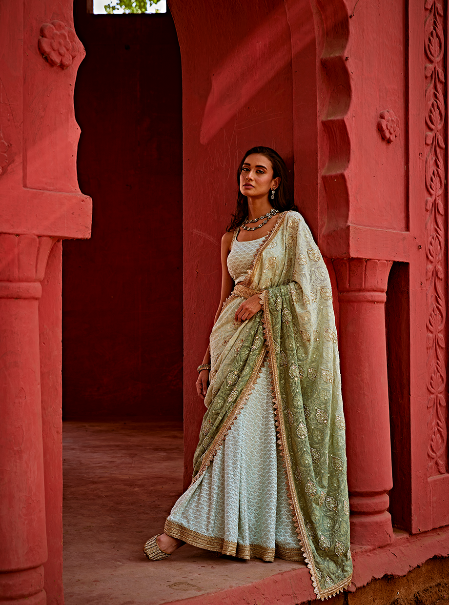 Sage Green Ombre Lucknowi Lehenga Saree