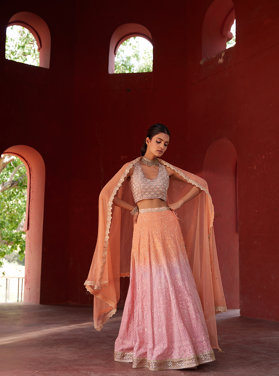 Ombre Peach And Pink Sequin Lehenga