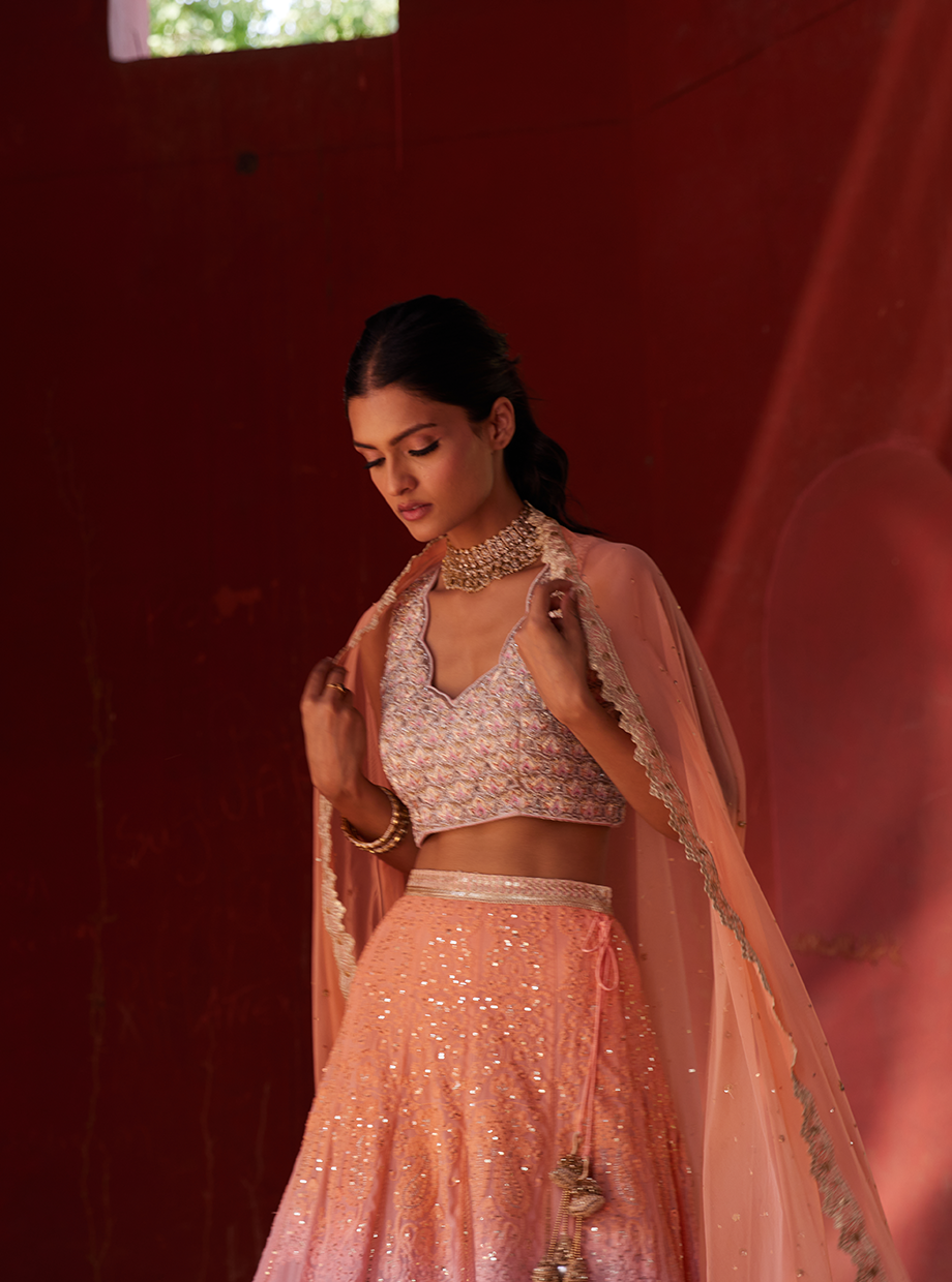 Ombre Peach And Pink Sequin Lehenga