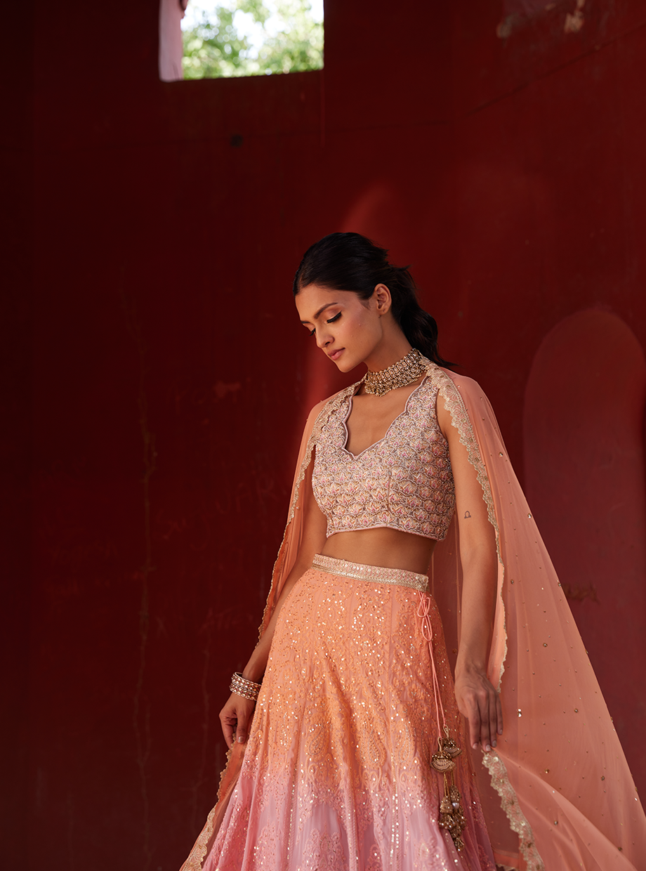 Ombre Peach And Pink Sequin Lehenga